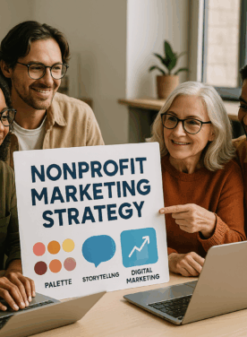Illustration of key elements in a nonprofit marketing strategy, including storytelling, brand identity, and modern messaging tools.