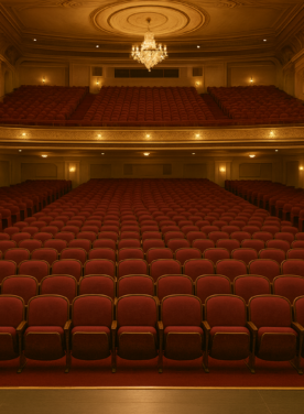 View from the stage of a historic theater with empty red seats, representing how nonprofit arts organizations can build community impact through performance spaces and audience engagement.